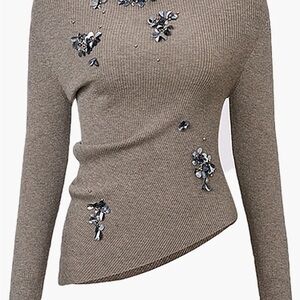 Commense Taupe Embellished Cowl Neck Sweater